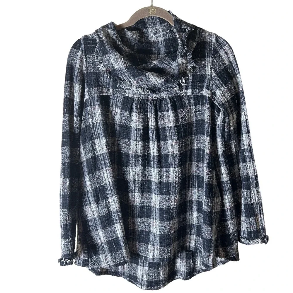 Free People Plaid‎ Cowl Neck Tunic Top Fringe Raw Hem Distressed Size Small